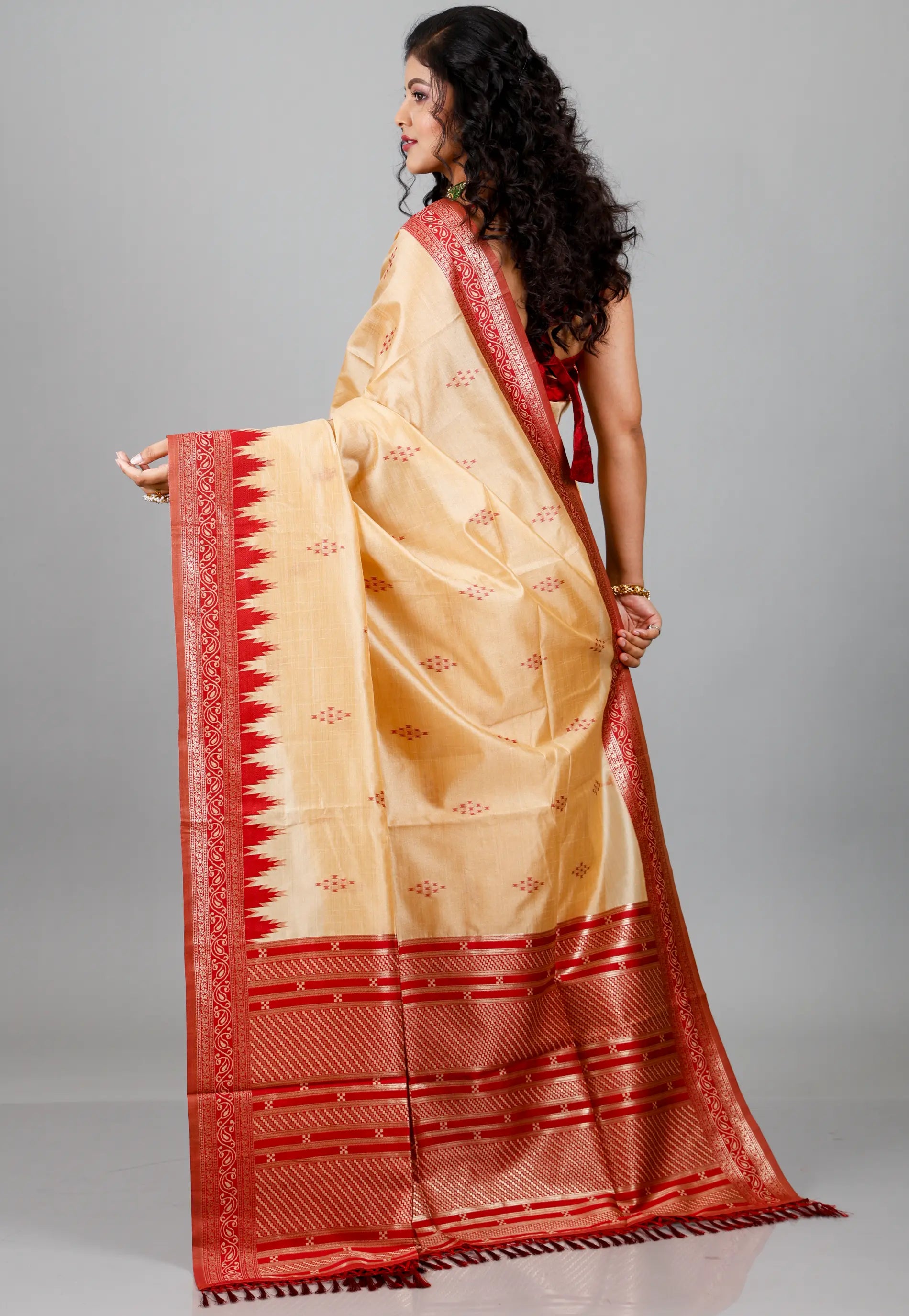 Tussar Colour Silk with Red Border Tussar with Blouse Piece