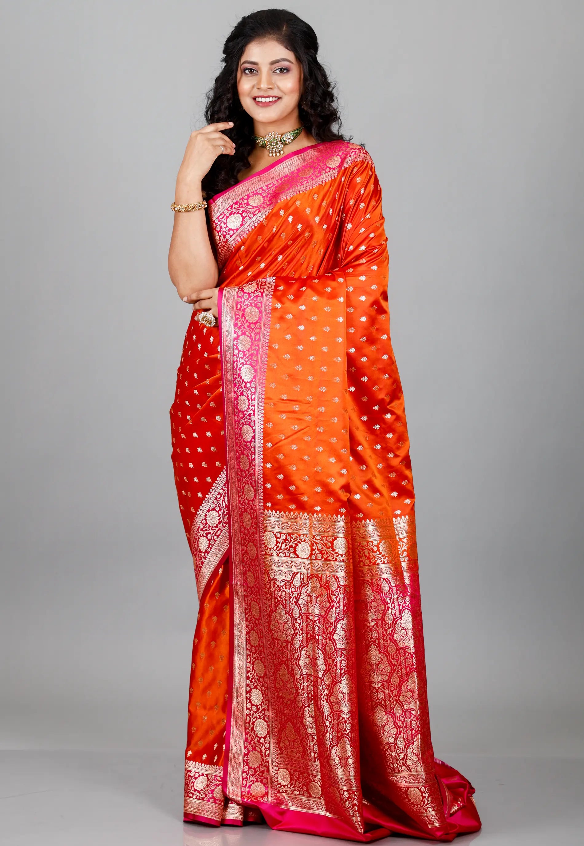 Orange with Rani Border Wedding Banarasi Silk Saree with Blouse Piece