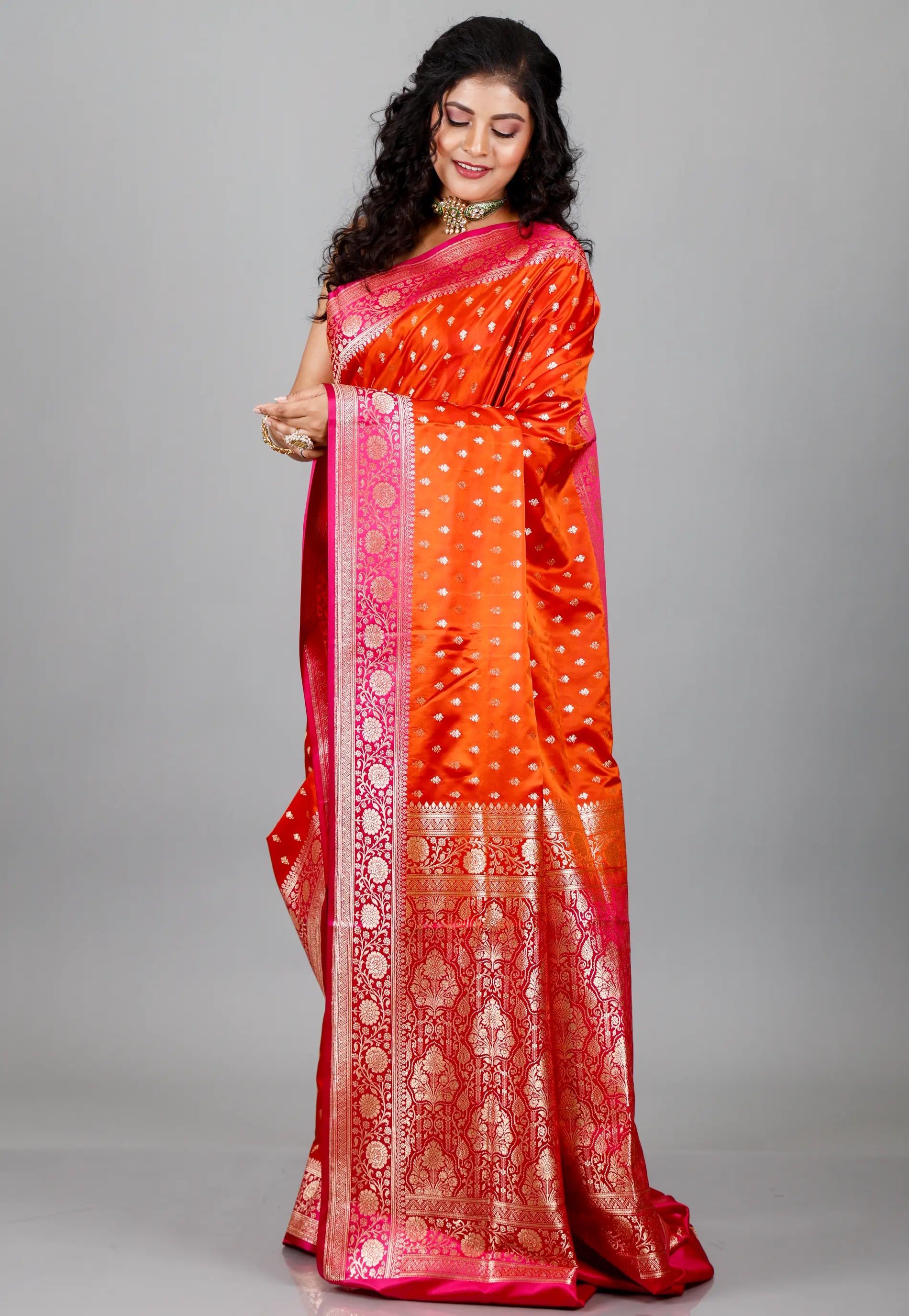 Orange with Rani Border Wedding Banarasi Silk Saree with Blouse Piece