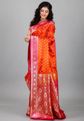 Orange with Rani Border Wedding Banarasi Silk Saree with Blouse Piece