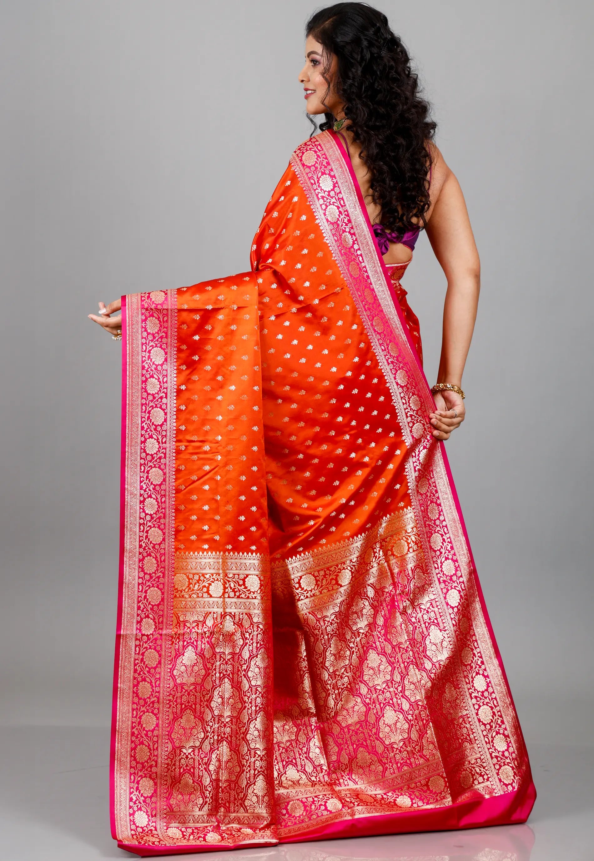 Orange with Rani Border Wedding Banarasi Silk Saree with Blouse Piece