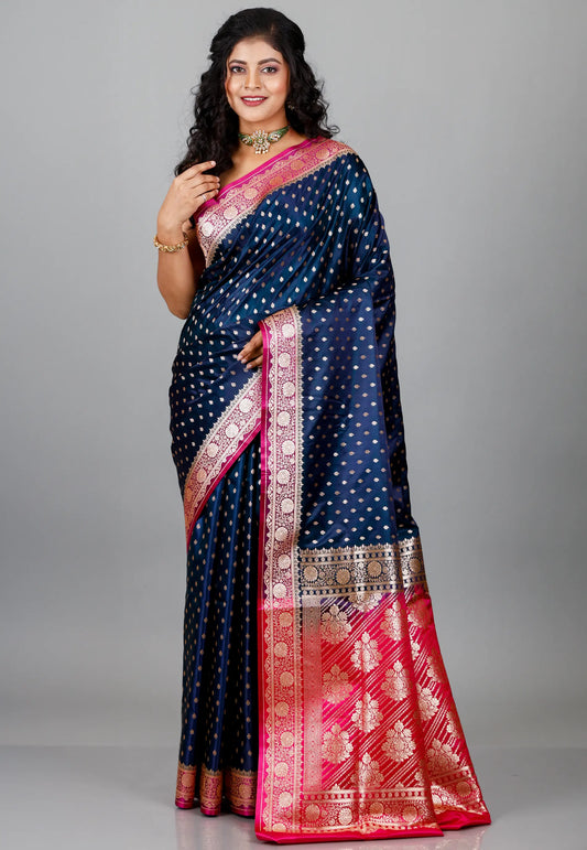 Royal Blue with Rani Border Wedding Banarasi Silk Saree with Blouse Piece