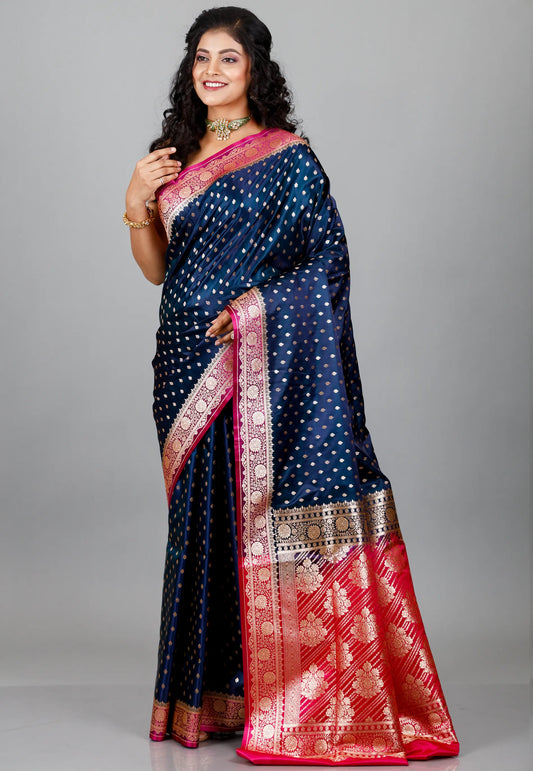 Royal Blue with Rani Border Wedding Banarasi Silk Saree with Blouse Piece