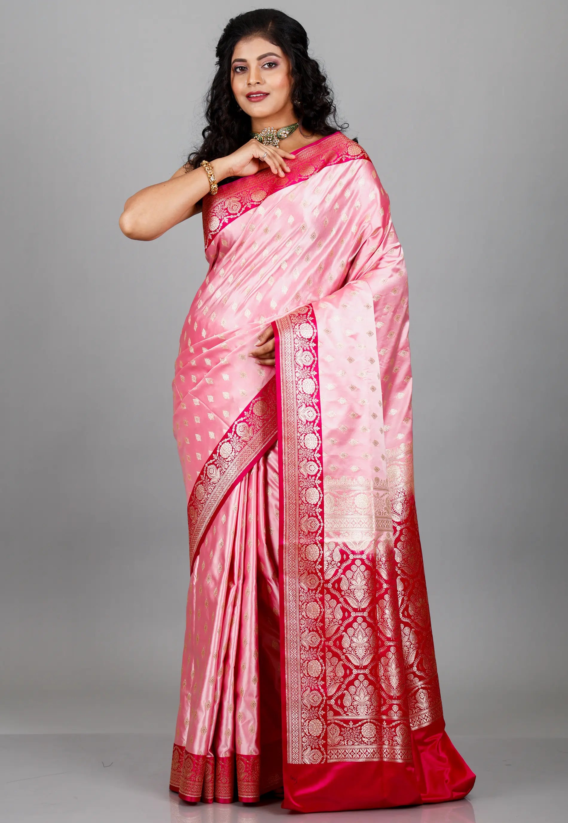 Pink with Rani Border Pastel Benarasi Saree With Blouse Piece