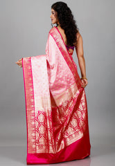 Pink with Rani Border Pastel Benarasi Saree With Blouse Piece