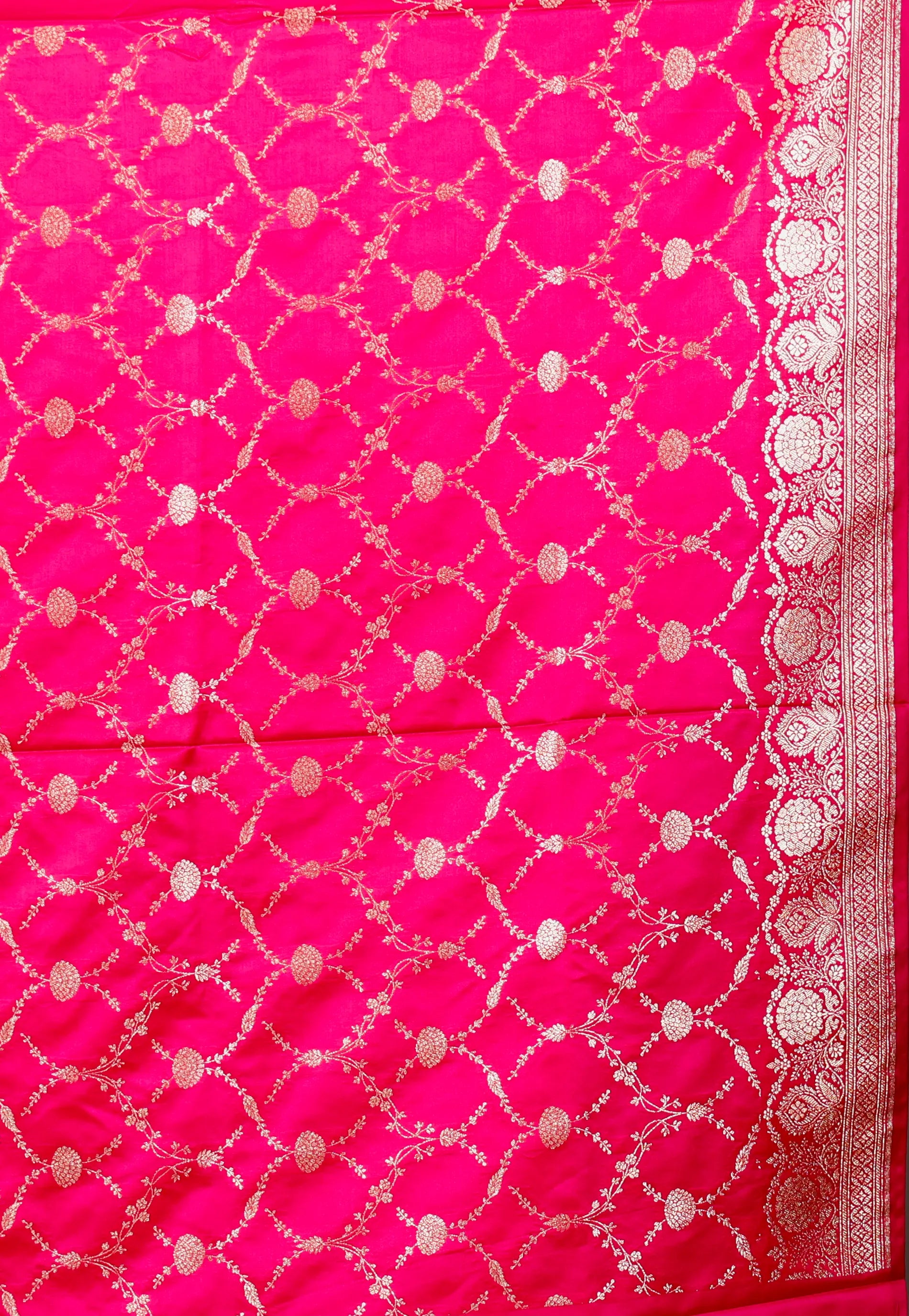 Pink with Rani Border Pastel Benarasi Saree With Blouse Piece