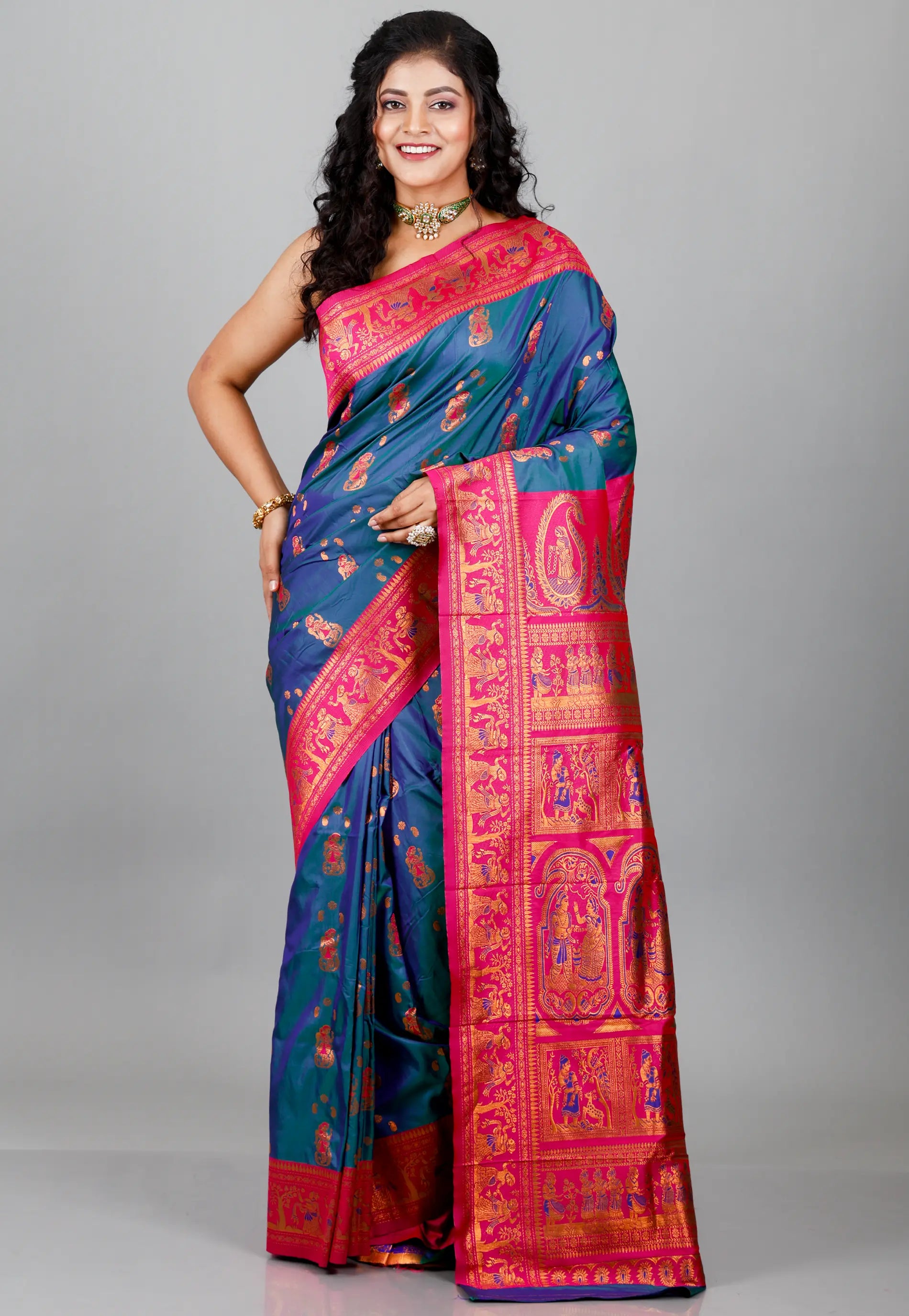 Peacock Blue Baluchari Silk Saree with Blouse Piece
