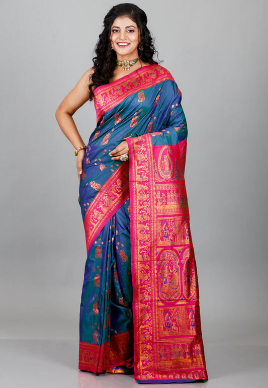 Peacock Blue Baluchari Silk Saree with Blouse Piece
