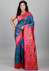 Peacock Blue Baluchari Silk Saree with Blouse Piece