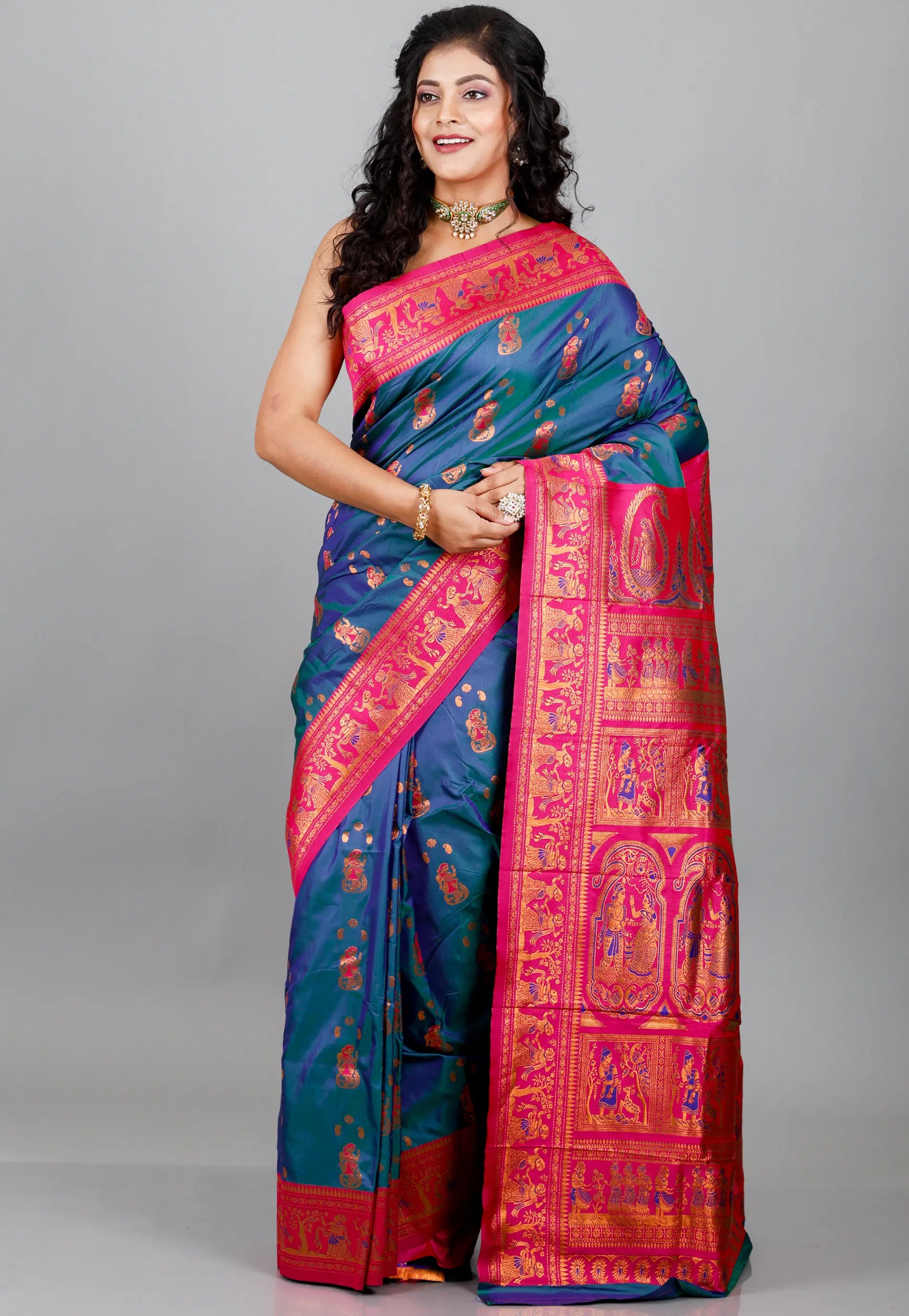 Peacock Blue Baluchari Silk Saree with Blouse Piece