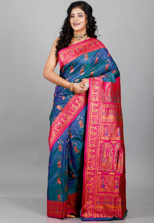 Peacock Blue Baluchari Silk Saree with Blouse Piece