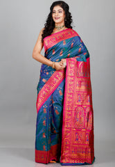 Peacock Blue Baluchari Silk Saree with Blouse Piece