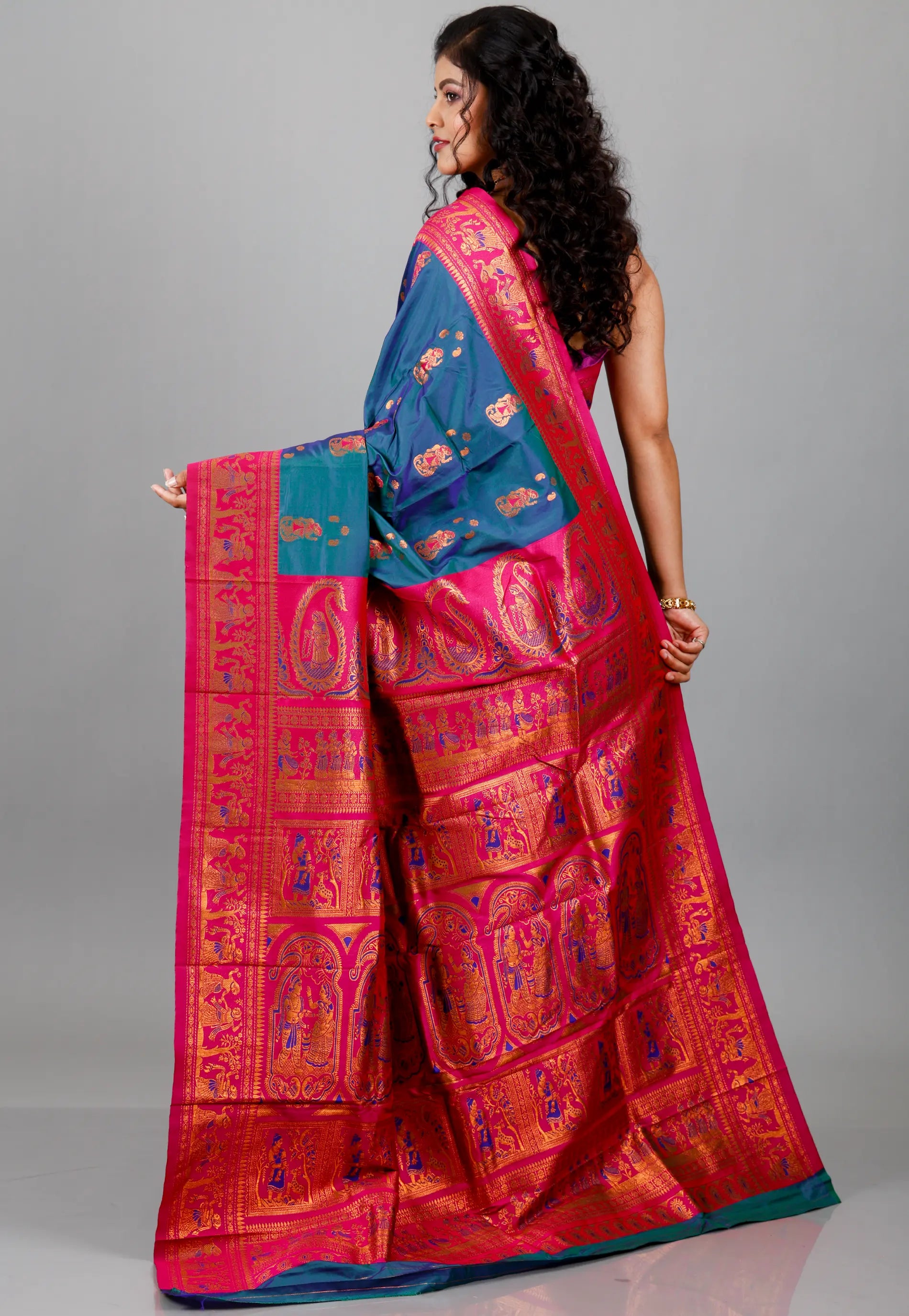 Peacock Blue Baluchari Silk Saree with Blouse Piece