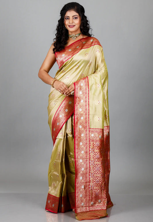 Light Green with Red Border Kanjivaram Silk Saree With Blouse Piece