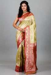Light Green with Red Border Kanjivaram Silk Saree With Blouse Piece