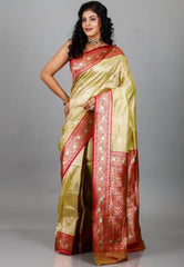 Light Green with Red Border Kanjivaram Silk Saree With Blouse Piece