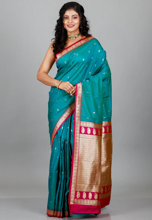 Peacock Blue Kanjivaram Silk Saree With Blouse Piece