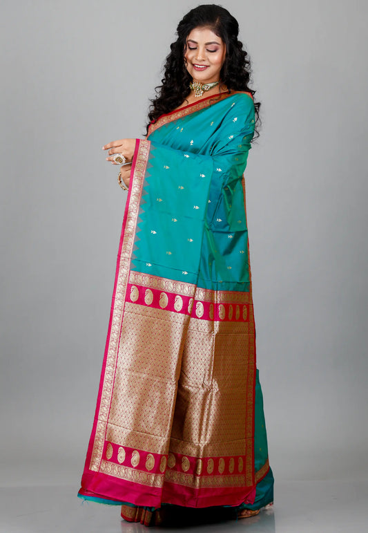 Peacock Blue Kanjivaram Silk Saree With Blouse Piece