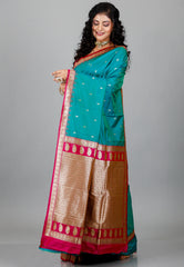 Peacock Blue Kanjivaram Silk Saree With Blouse Piece