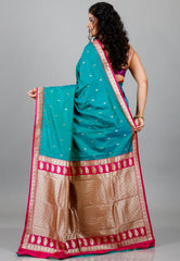 Peacock Blue Kanjivaram Silk Saree With Blouse Piece