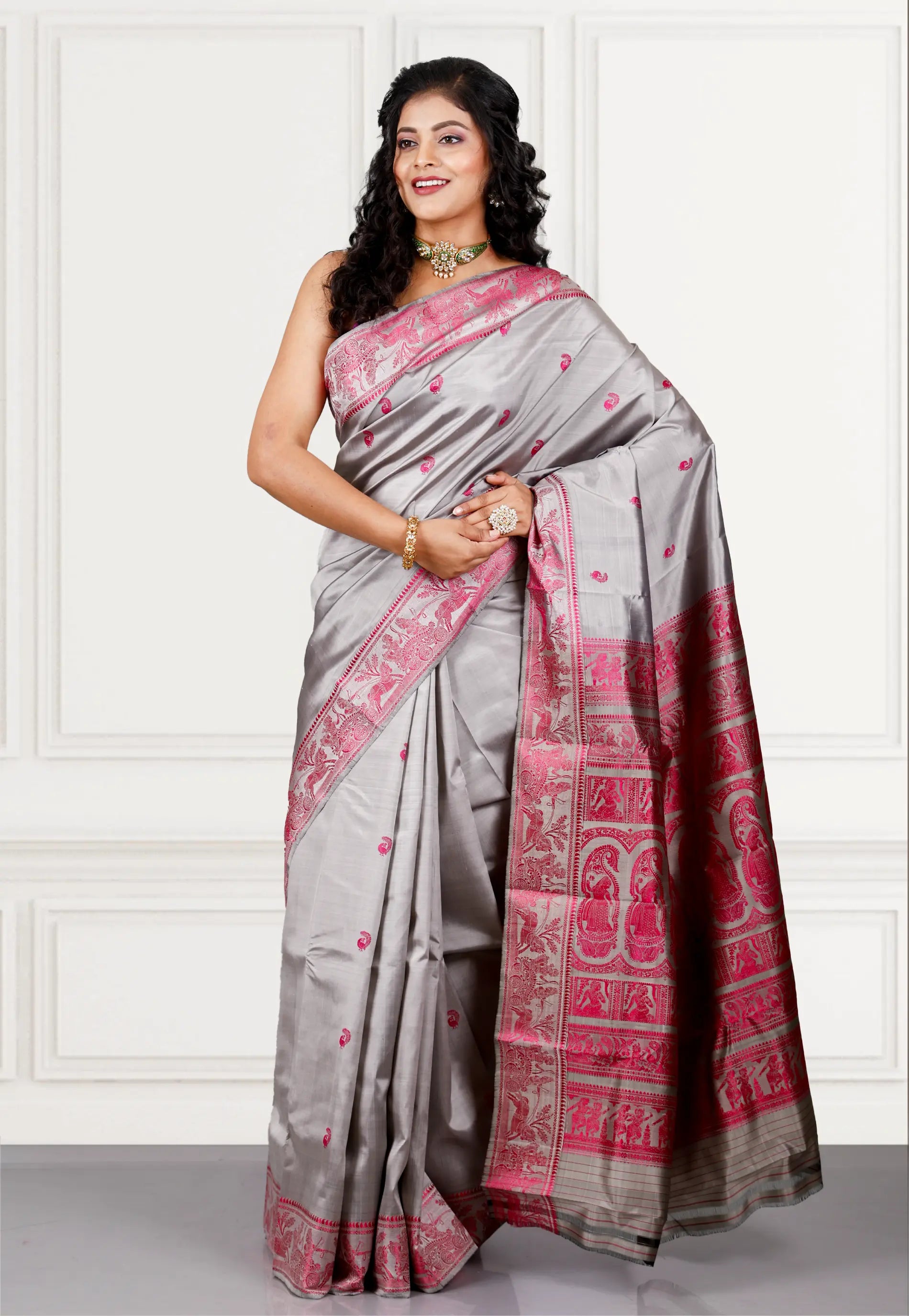 Grey Baluchari Pure Silk Saree with Blouse Piece