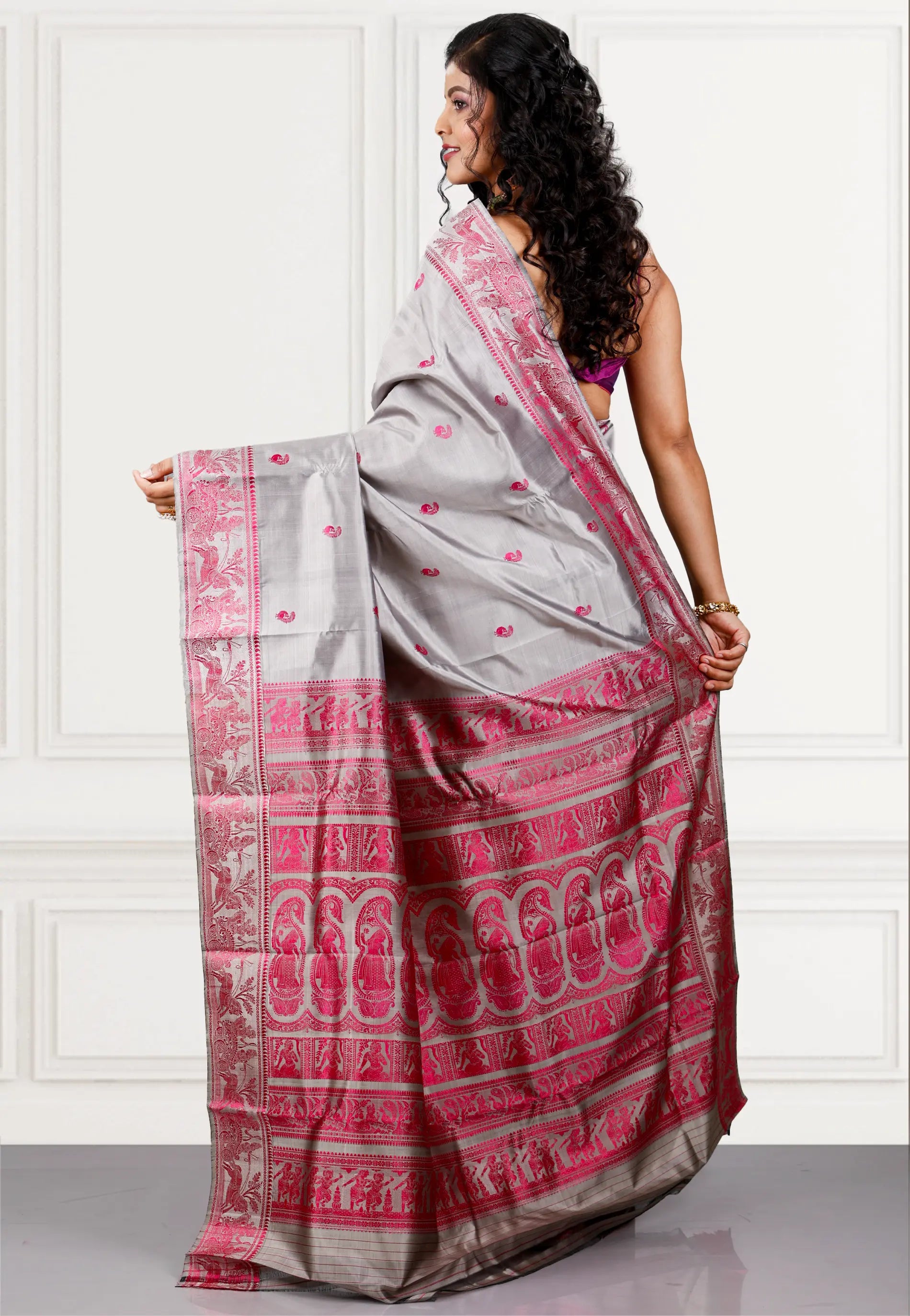 Grey Baluchari Pure Silk Saree with Blouse Piece