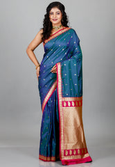 Peacock Blue Kanjivaram Silk Saree With Blouse Piece