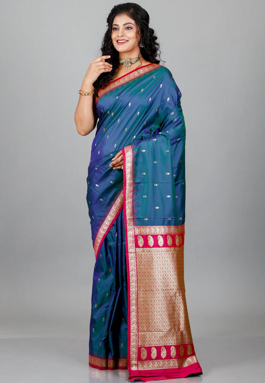 Peacock Blue Kanjivaram Silk Saree With Blouse Piece