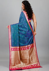 Peacock Blue Kanjivaram Silk Saree With Blouse Piece
