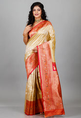 Tussar Colour Silk with Red Border Kanjivaram with Blouse Piece