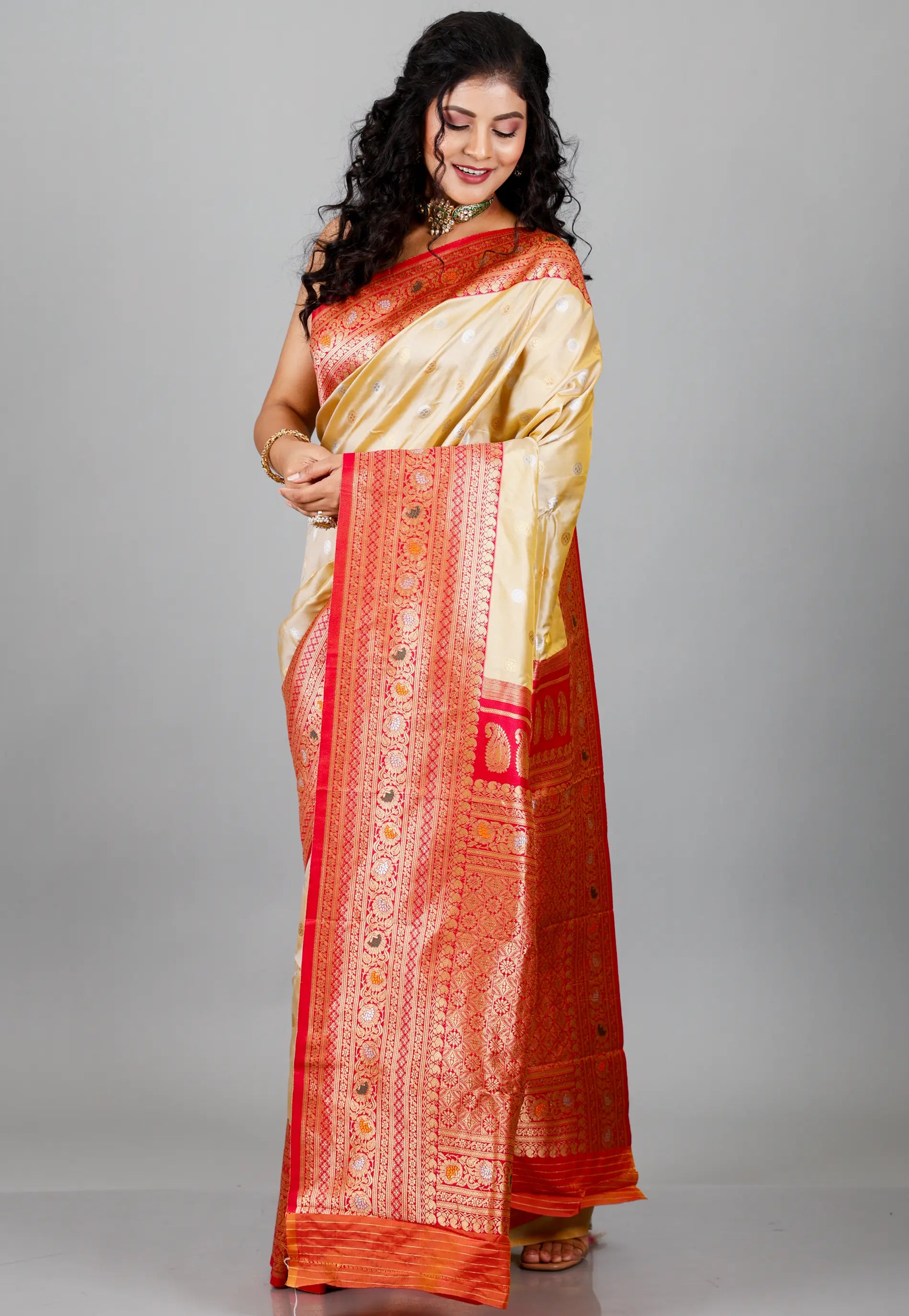 Tussar Colour Silk with Red Border Kanjivaram with Blouse Piece
