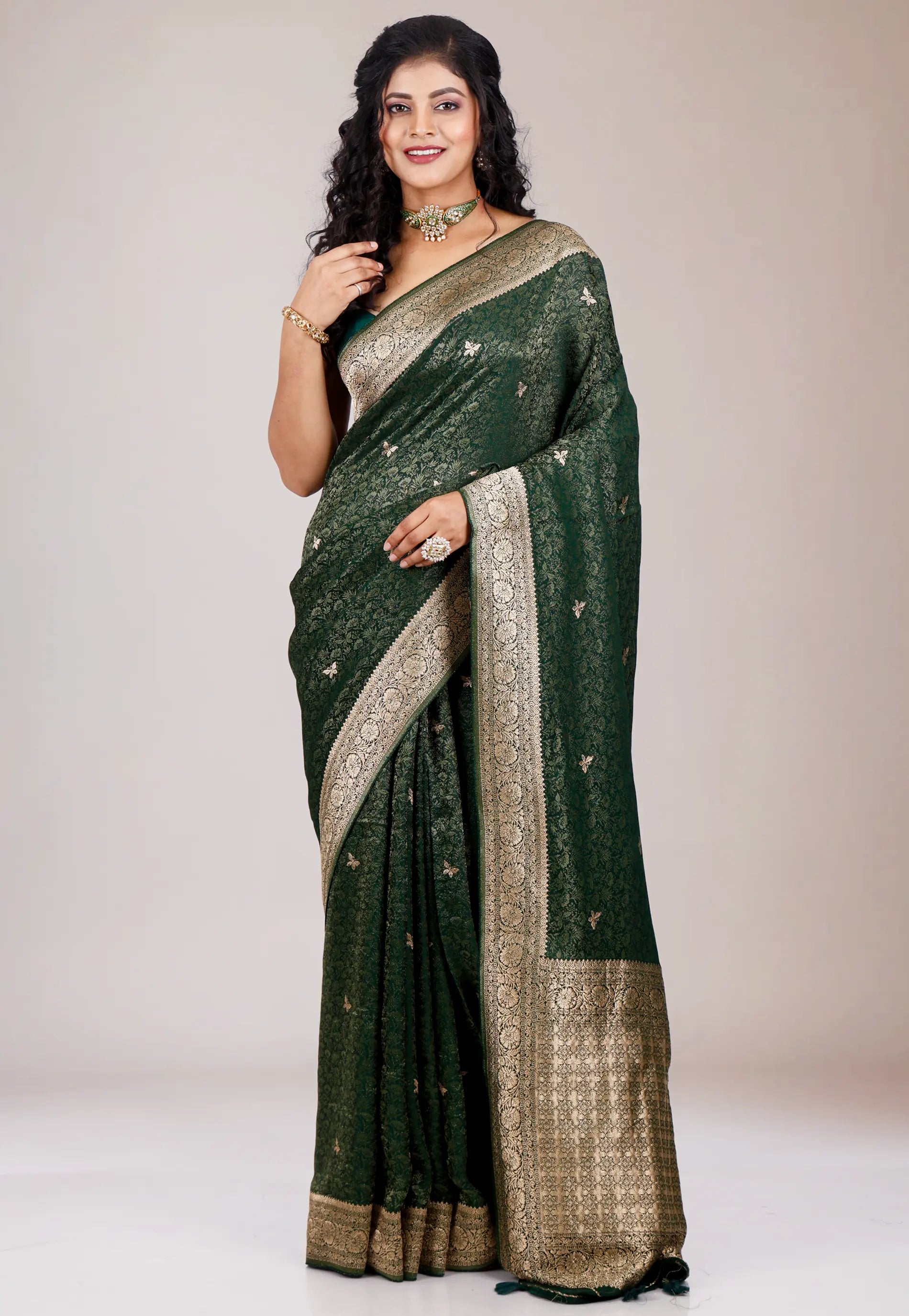 Bottle Green Mashru Silk Saree with Blouse Piece