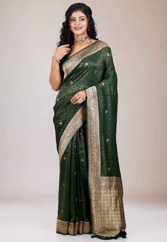 Bottle Green Mashru Silk Saree with Blouse Piece