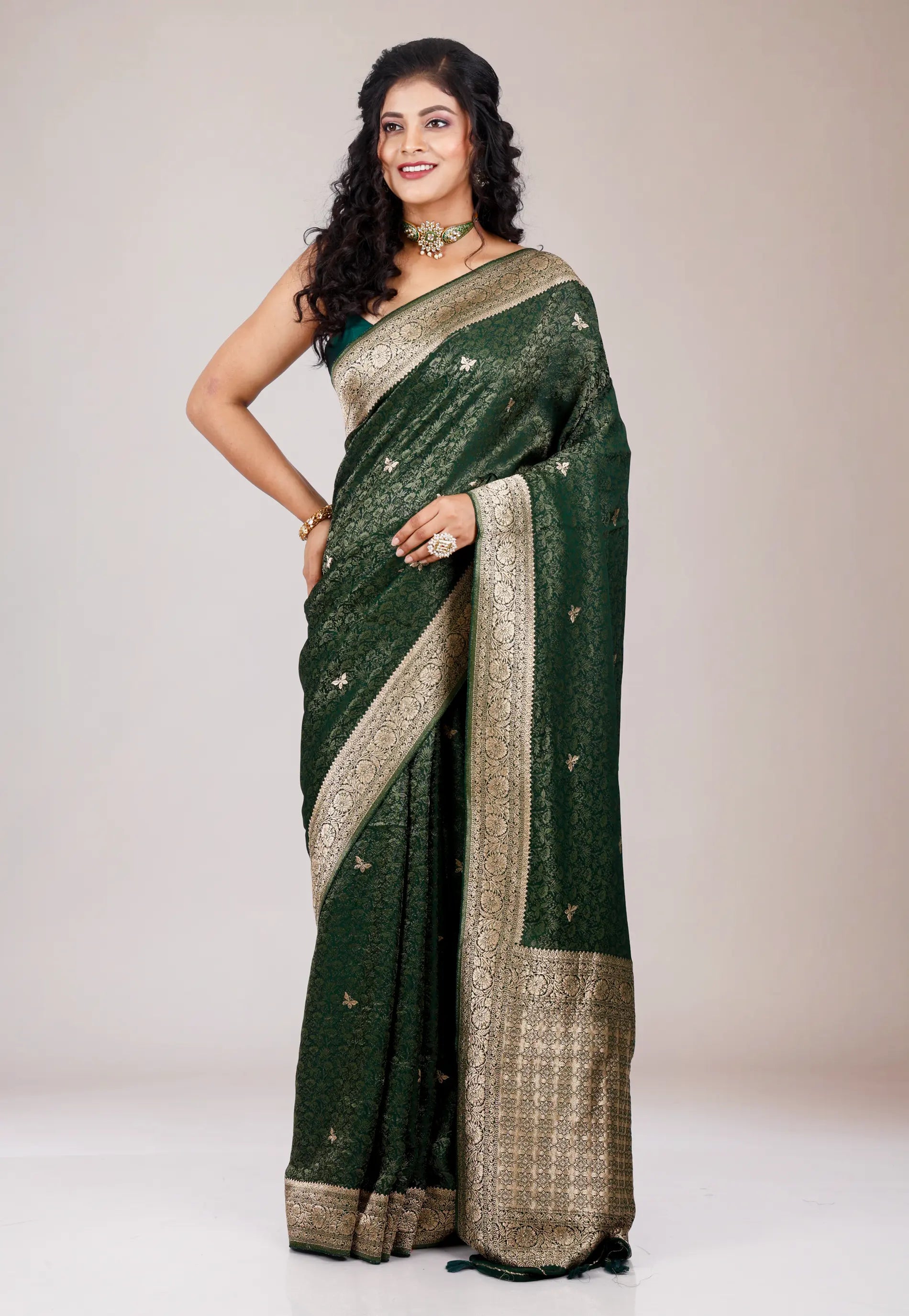 Bottle Green Mashru Silk Saree with Blouse Piece