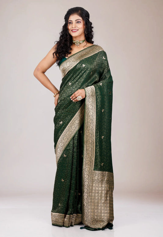 Bottle Green Mashru Silk Saree with Blouse Piece