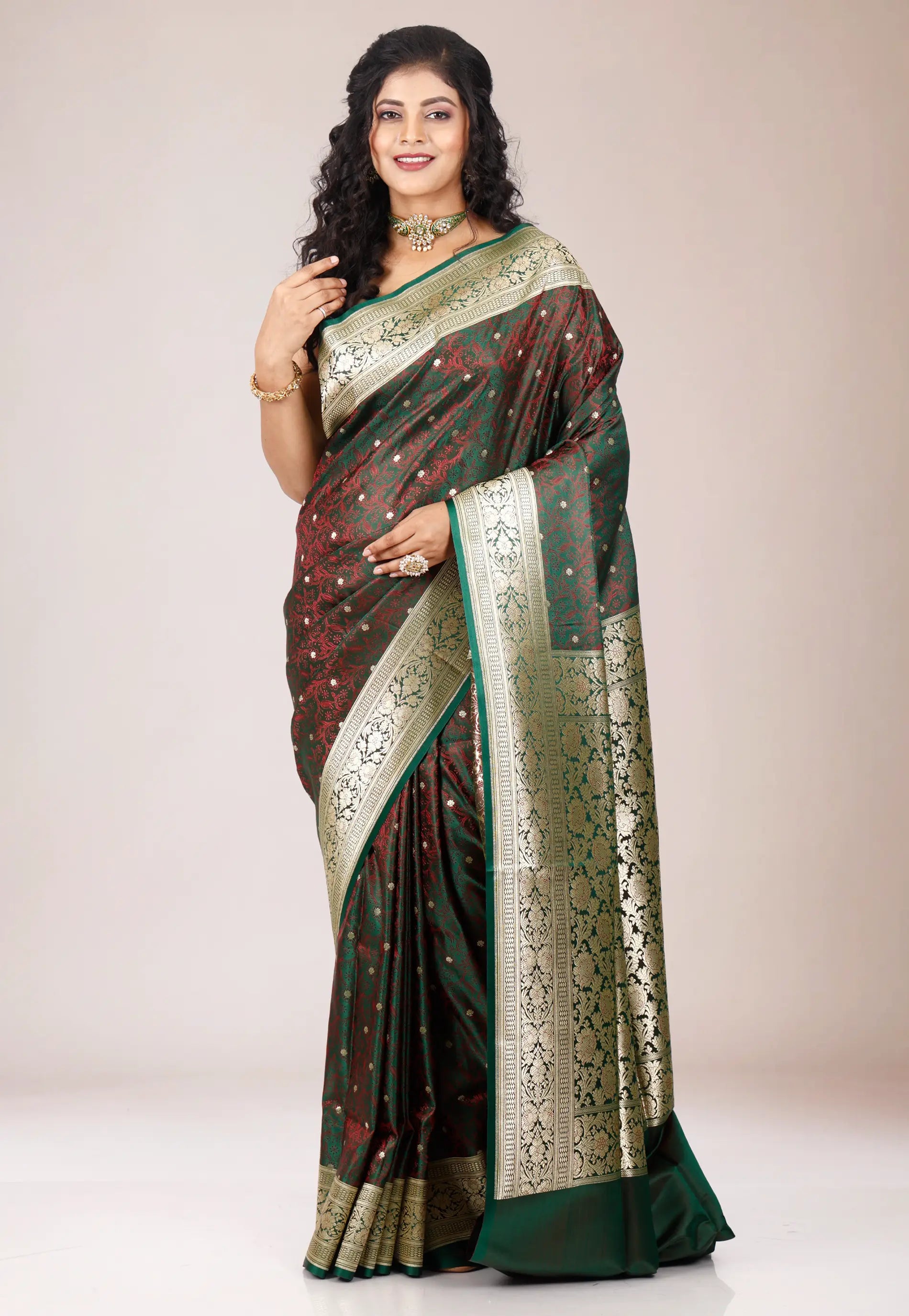 Dual shades of Green & Maroon Pachmina Wedding Banarasi Silk Saree with Blouse Piece
