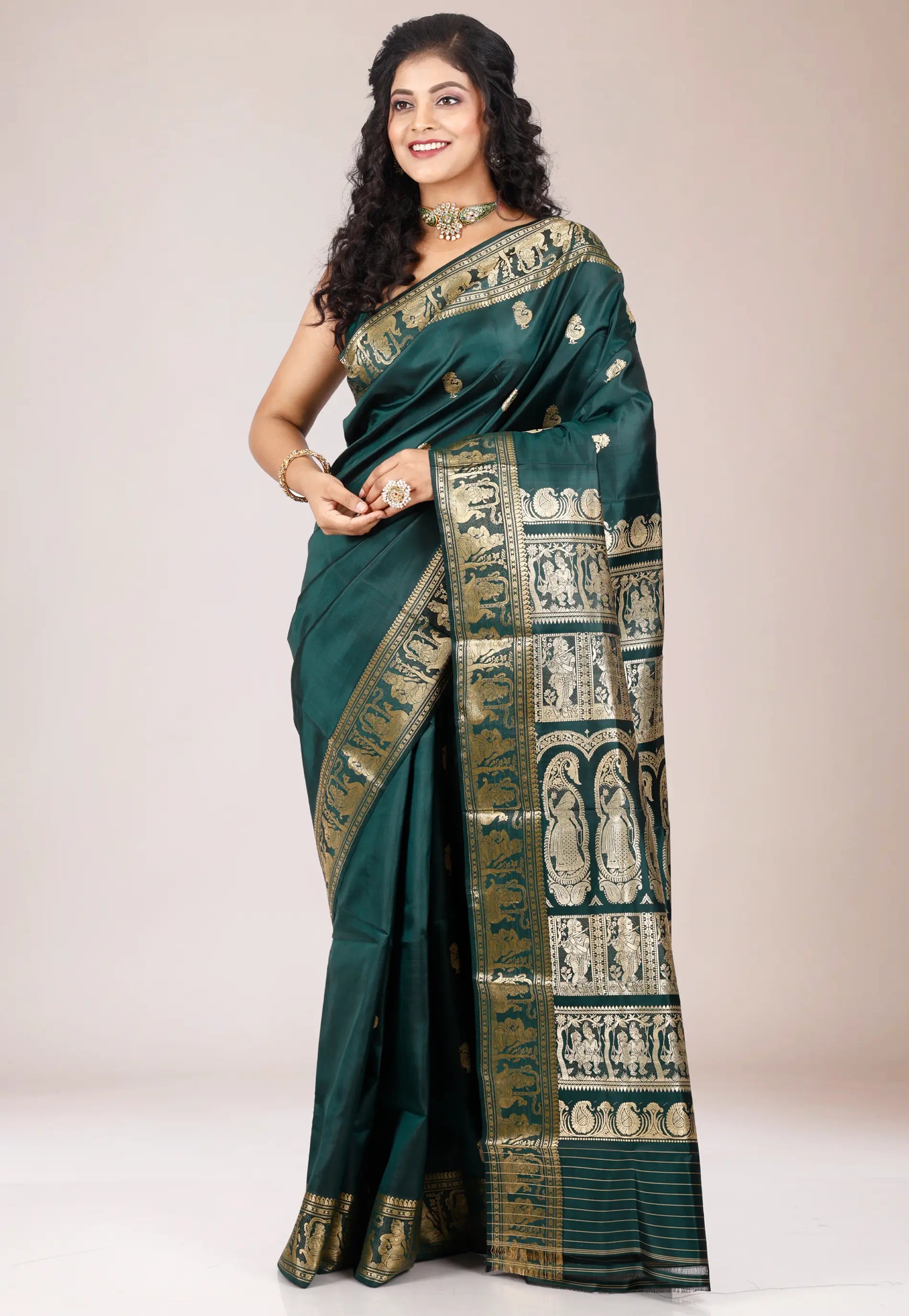 Bottle Green Baluchari Pure Silk Saree with Blouse Piece