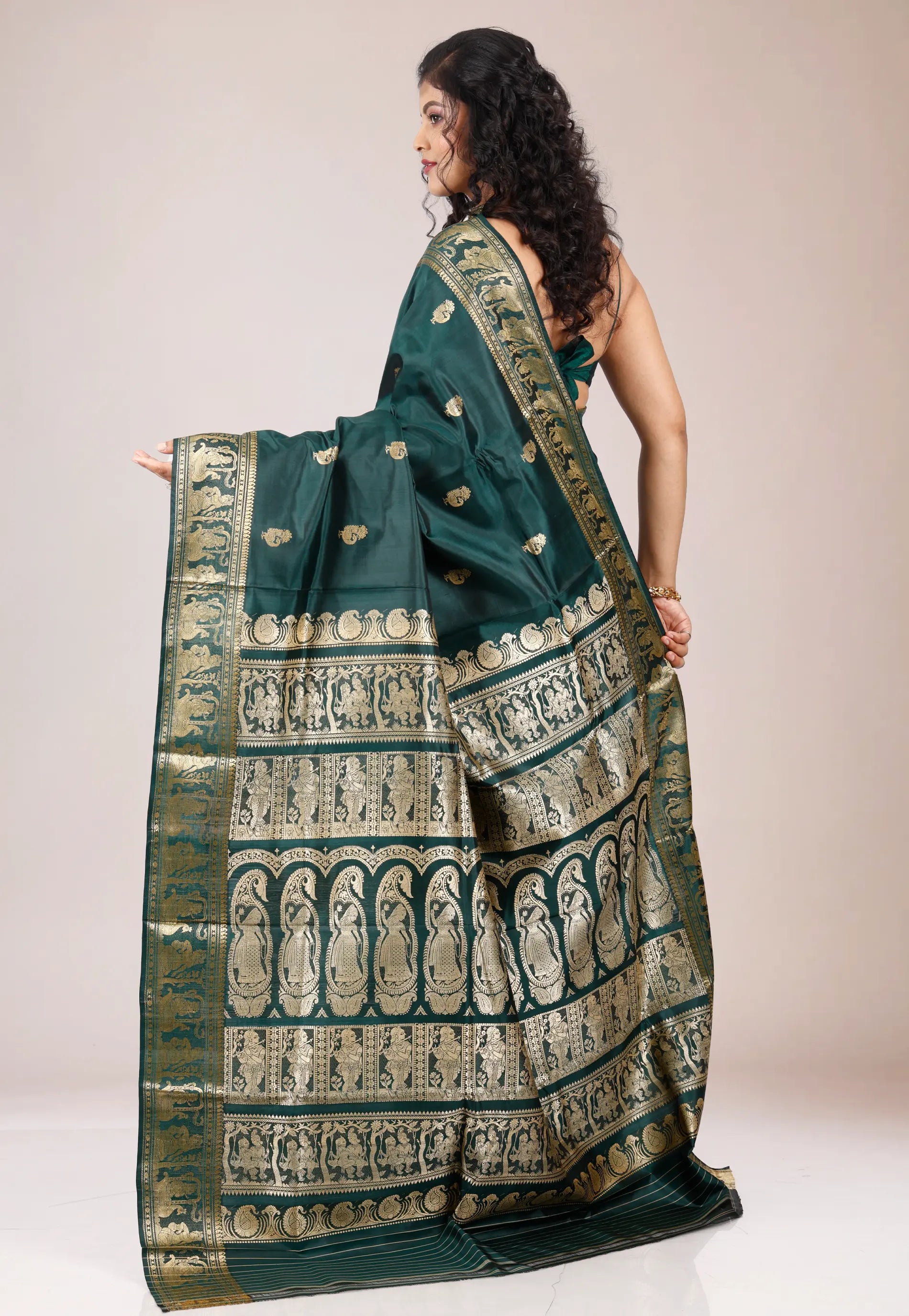 Bottle Green Baluchari Pure Silk Saree with Blouse Piece
