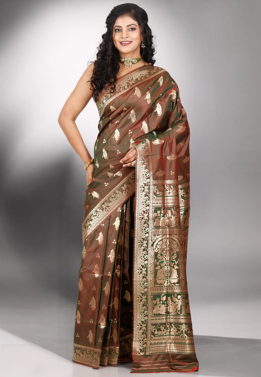 Dual Shades of Brown Baluchari Silk Saree with Blouse Piece