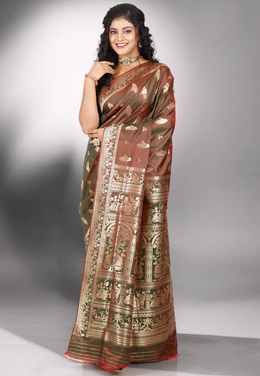 Dual Shades of Brown Baluchari Silk Saree with Blouse Piece