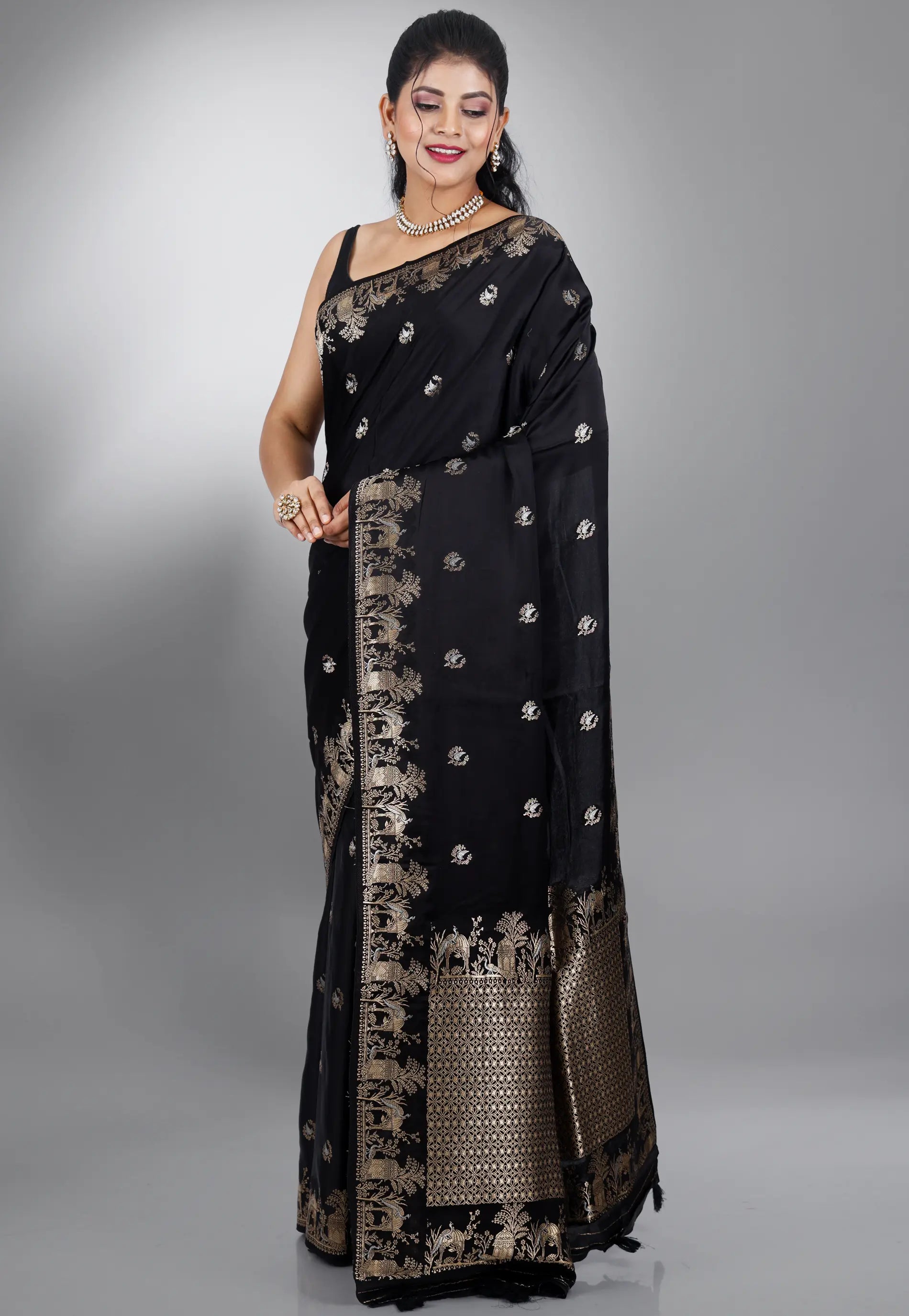 Black Mashru Silk Saree with Blouse Piece