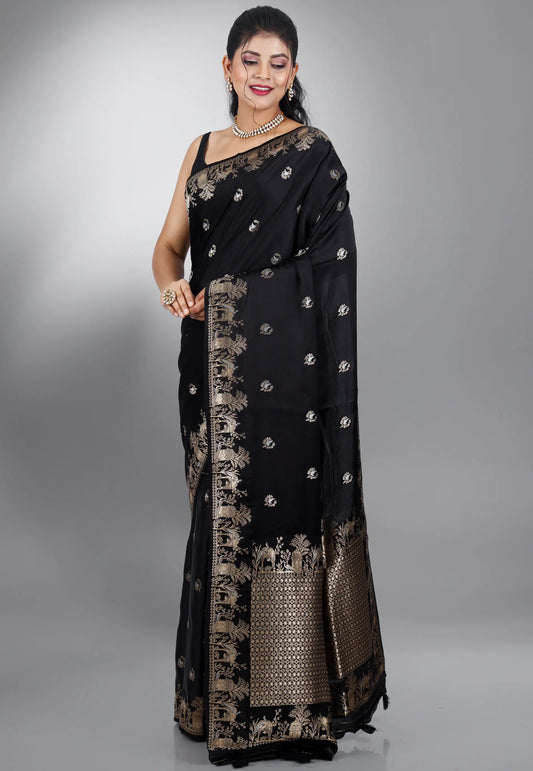Black Mashru Silk Saree with Blouse Piece