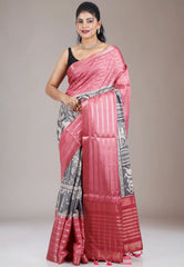 Black Printed with Onion Pink Border Tussar Silk Saree with Blouse Piece