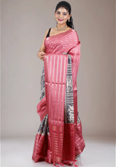 Black Printed with Onion Pink Border Tussar Silk Saree with Blouse Piece