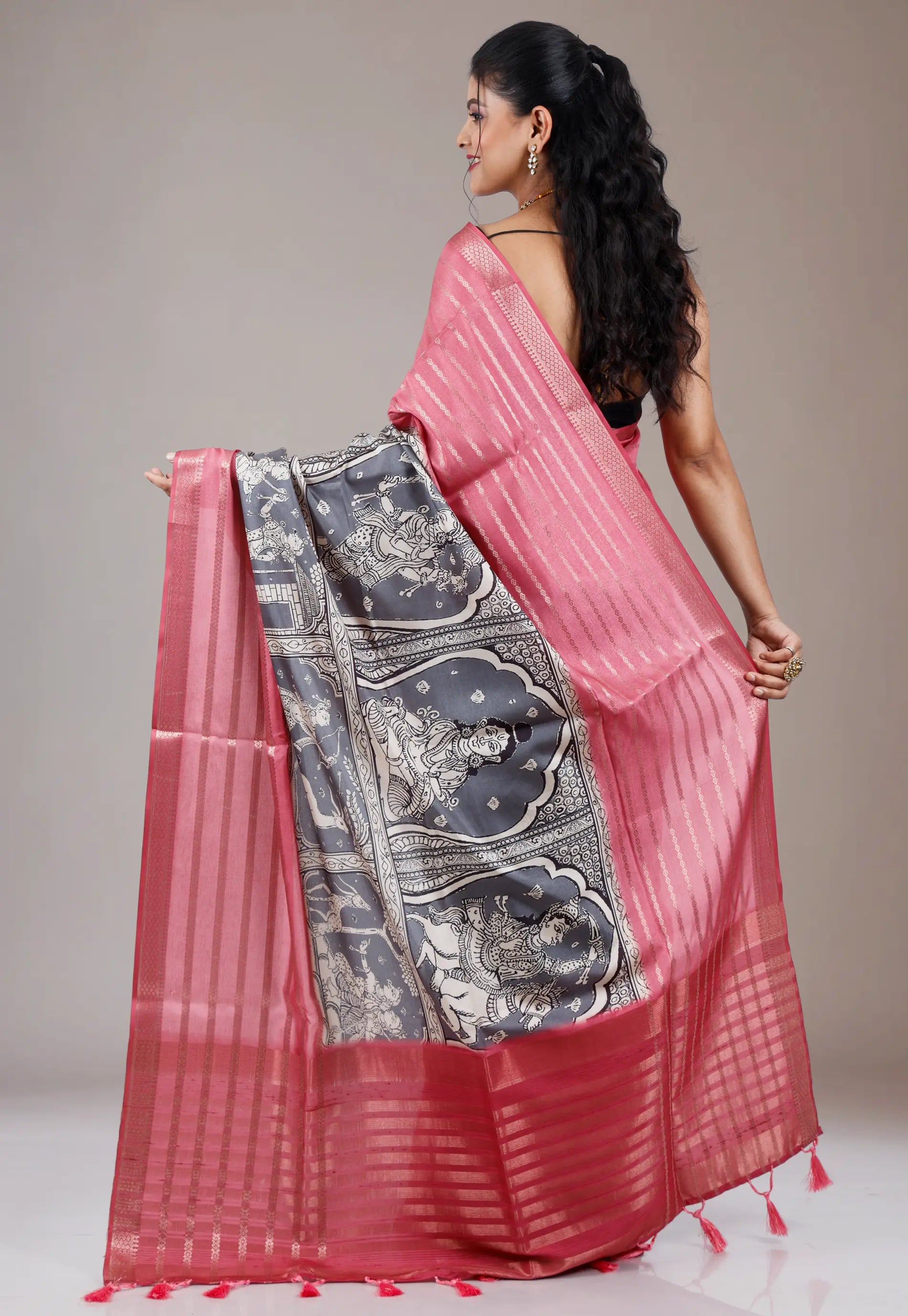 Black Printed with Onion Pink Border Tussar Silk Saree with Blouse Piece
