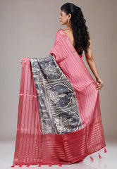 Black Printed with Onion Pink Border Tussar Silk Saree with Blouse Piece