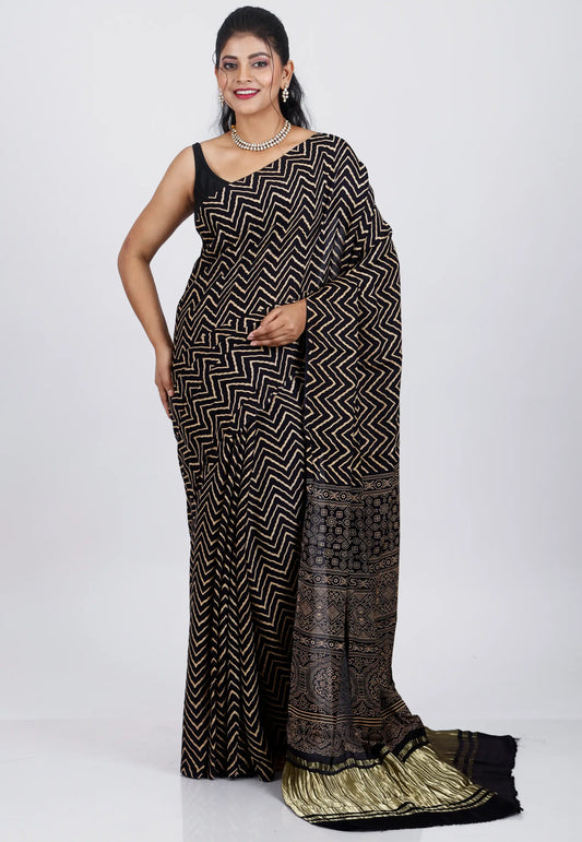 Black Ajrakh Print in Modal Silk Saree With Blouse Piece