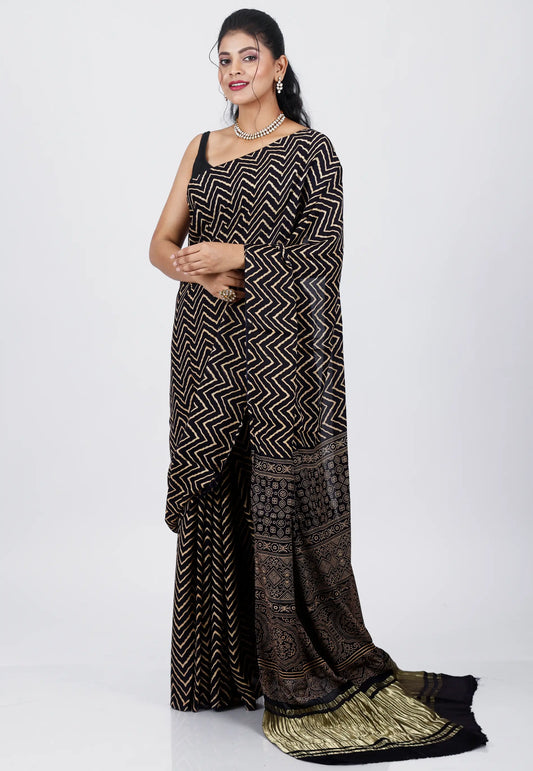 Black Ajrakh Print in Modal Silk Saree With Blouse Piece