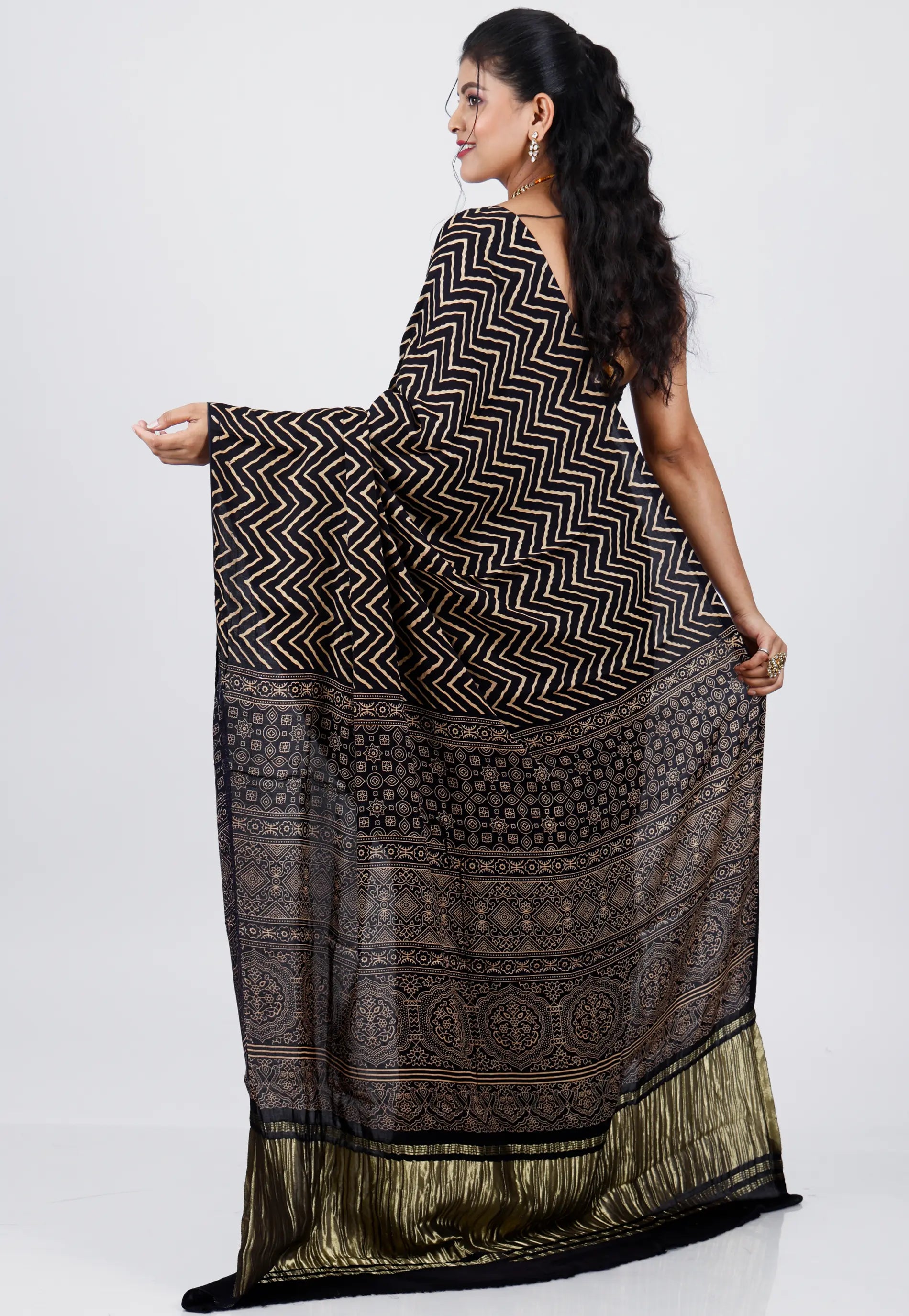 Black Ajrakh Print in Modal Silk Saree With Blouse Piece