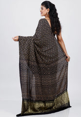 Black Ajrakh Print in Modal Silk Saree With Blouse Piece